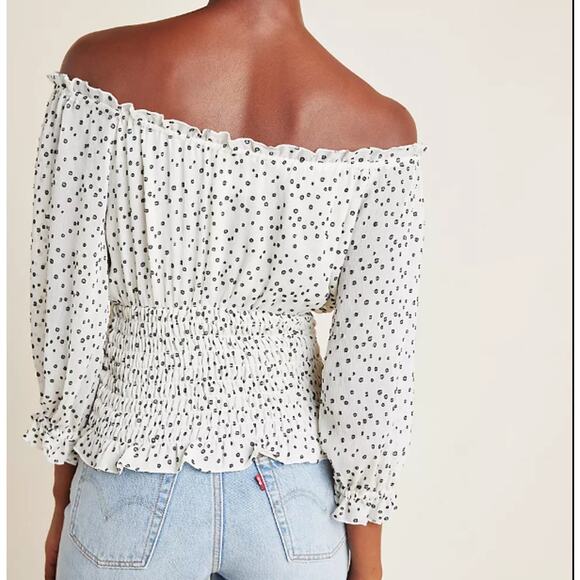 Anthropologie Lucia Off Shoulder Smocked Polka Dot Blouse Romantic Medium - Picture 2 of 15